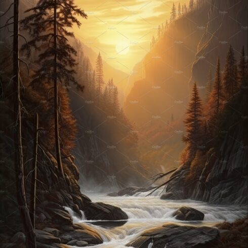 Beautiful vertical landscape with tall mountains, waterfall and a river. Ge... cover image.