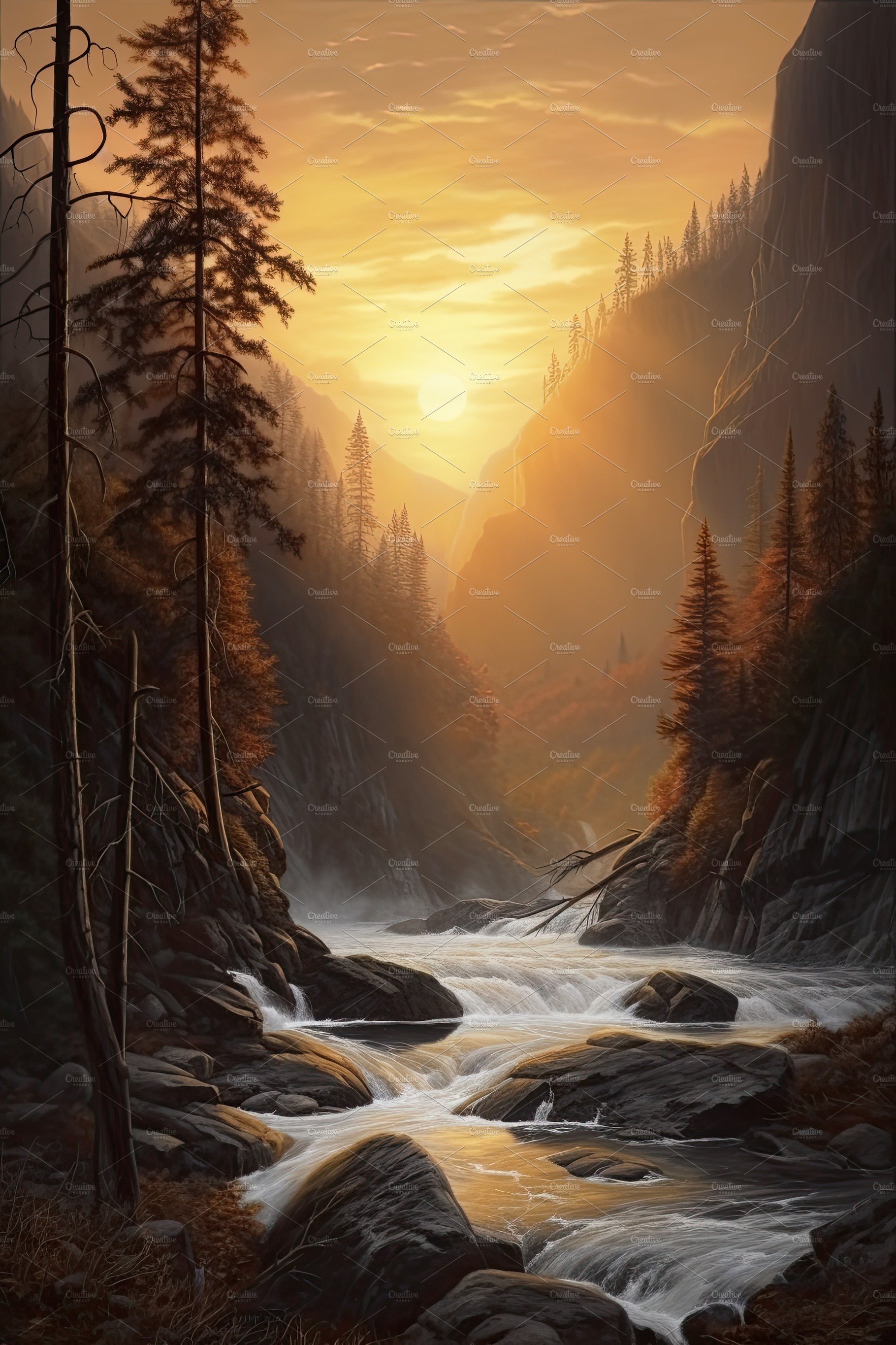 Beautiful vertical landscape with tall mountains, waterfall and a river. Ge... cover image.