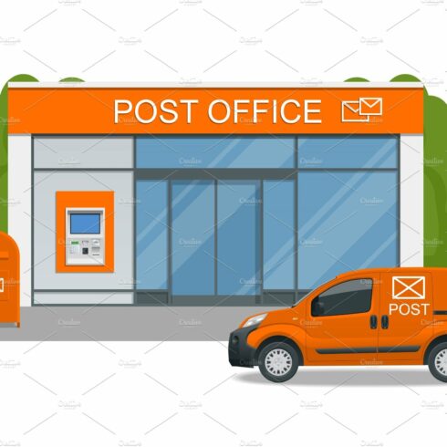 Post office service with postman riding car for delivery. Vector illustrati... cover image.