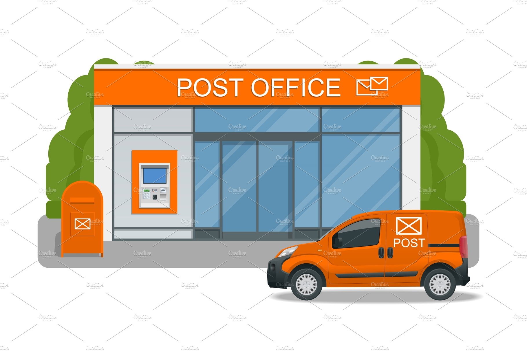 Post office service with postman riding car for delivery. Vector illustrati... cover image.