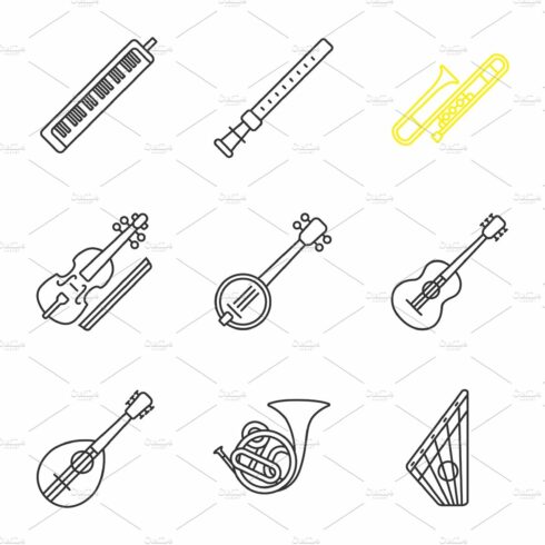 Musical instruments linear icons set cover image.