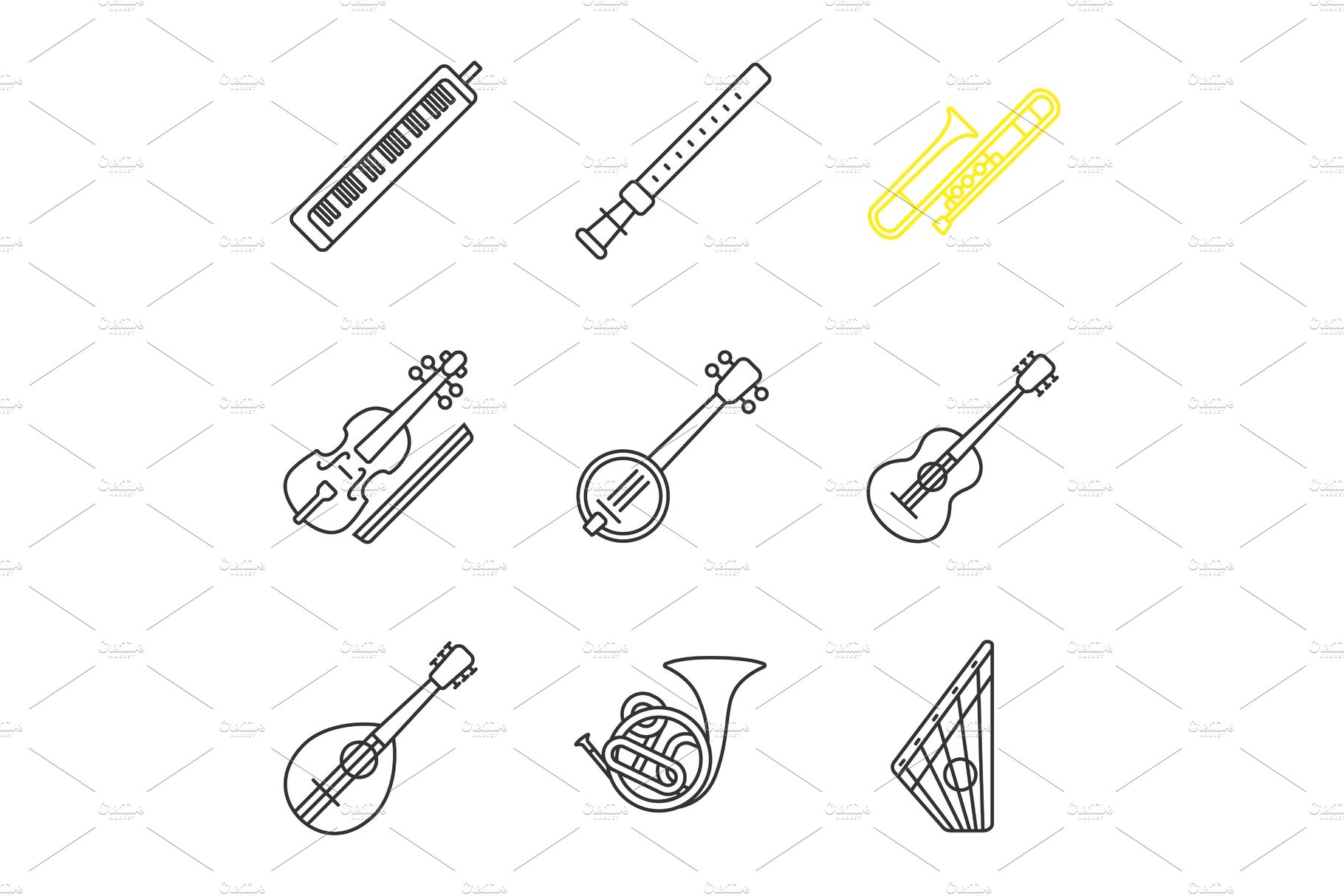 Musical instruments linear icons set cover image.