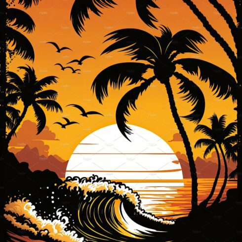 Silhouette palm tree on beach under sunset sky background. Orang cover image.