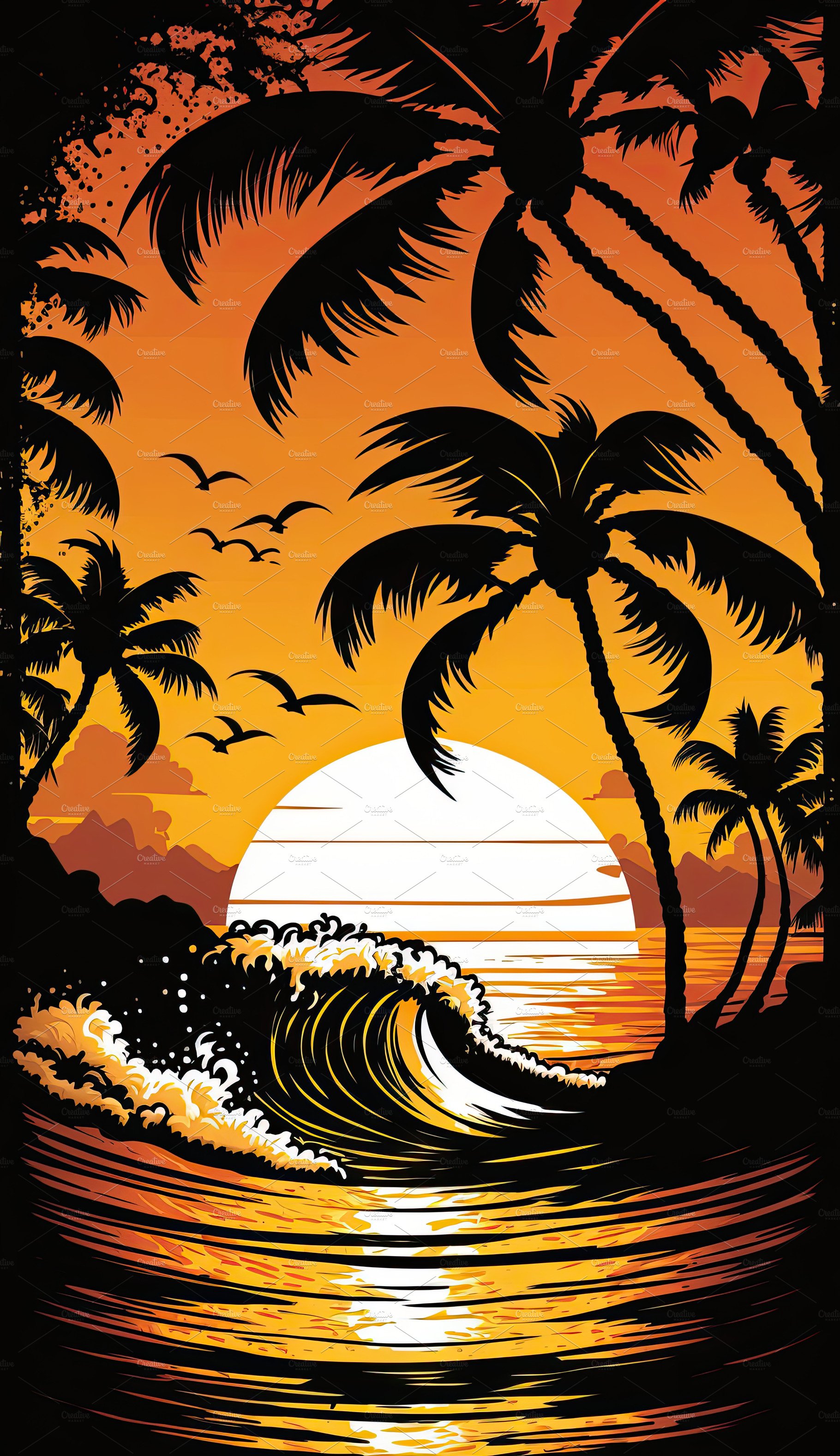 Silhouette palm tree on beach under sunset sky background. Orang cover image.