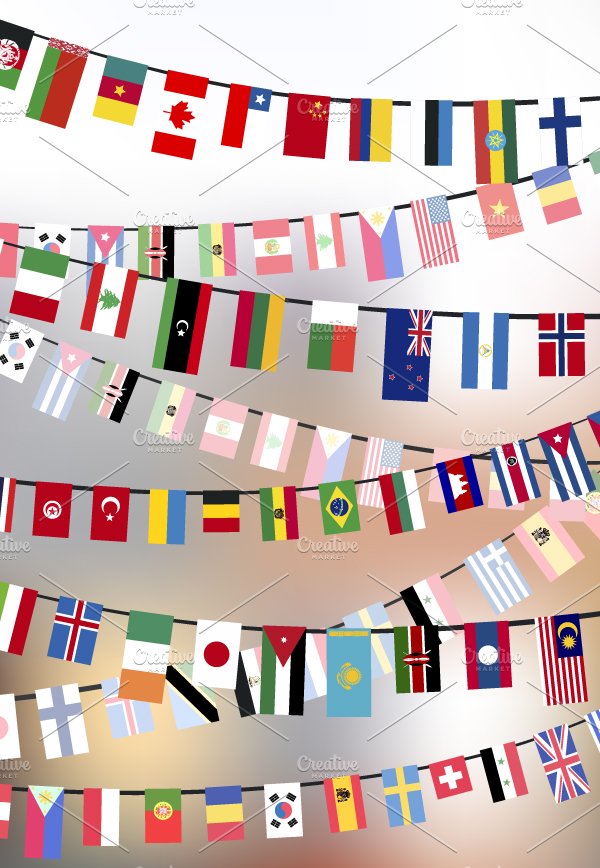 Countries flags hangs on the ropes cover image.