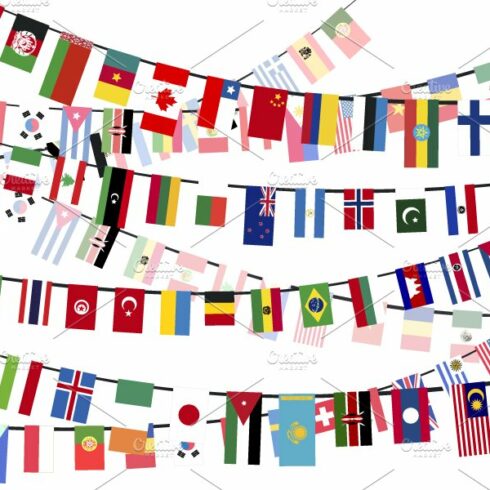 Countries flags hangs on the ropes cover image.