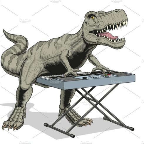 Dinosaur playing piano keyboard cover image.