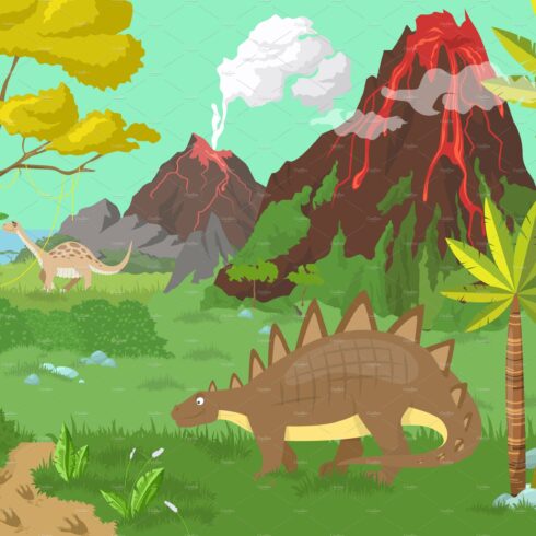 Prehistoric era scene with dinosaurs cover image.