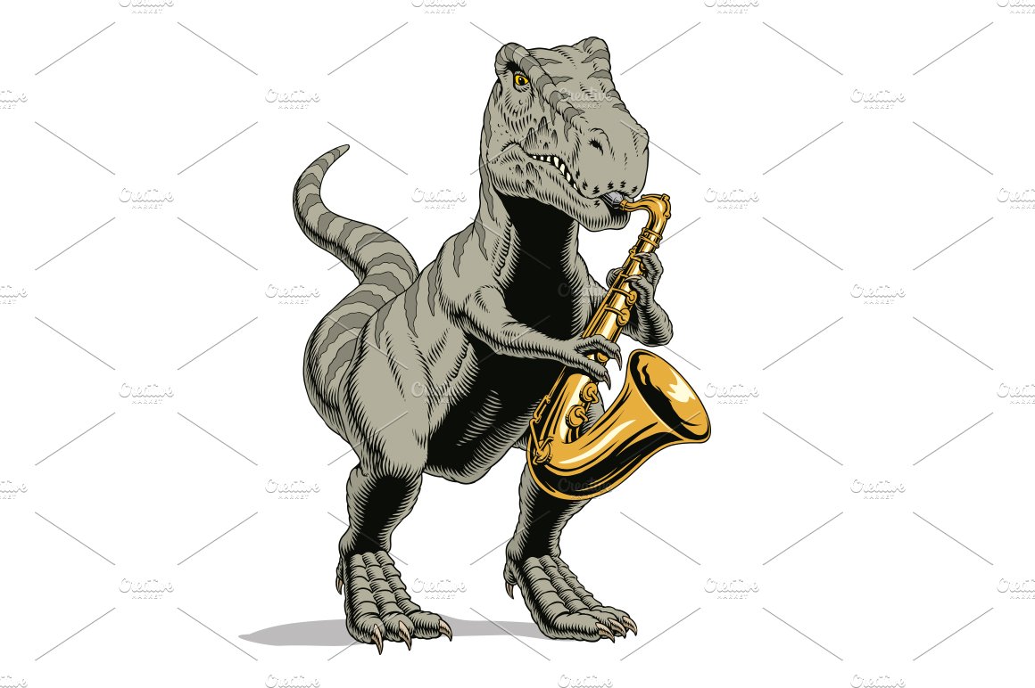 Tyrannosaurus playing saxophone cover image.