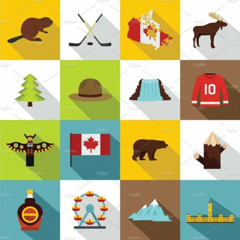 Canada travel icons set, flat style cover image.