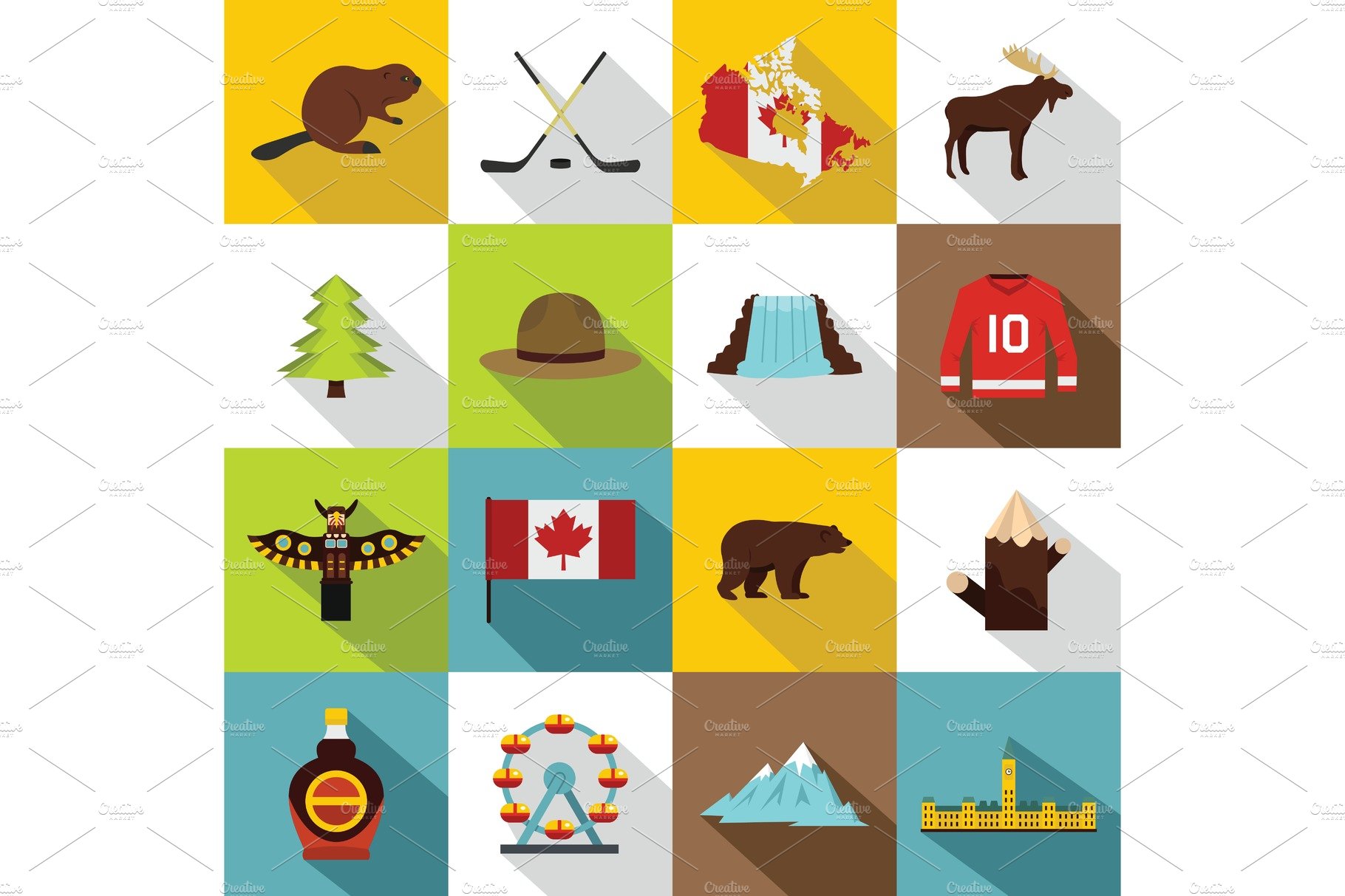 Canada travel icons set, flat style cover image.