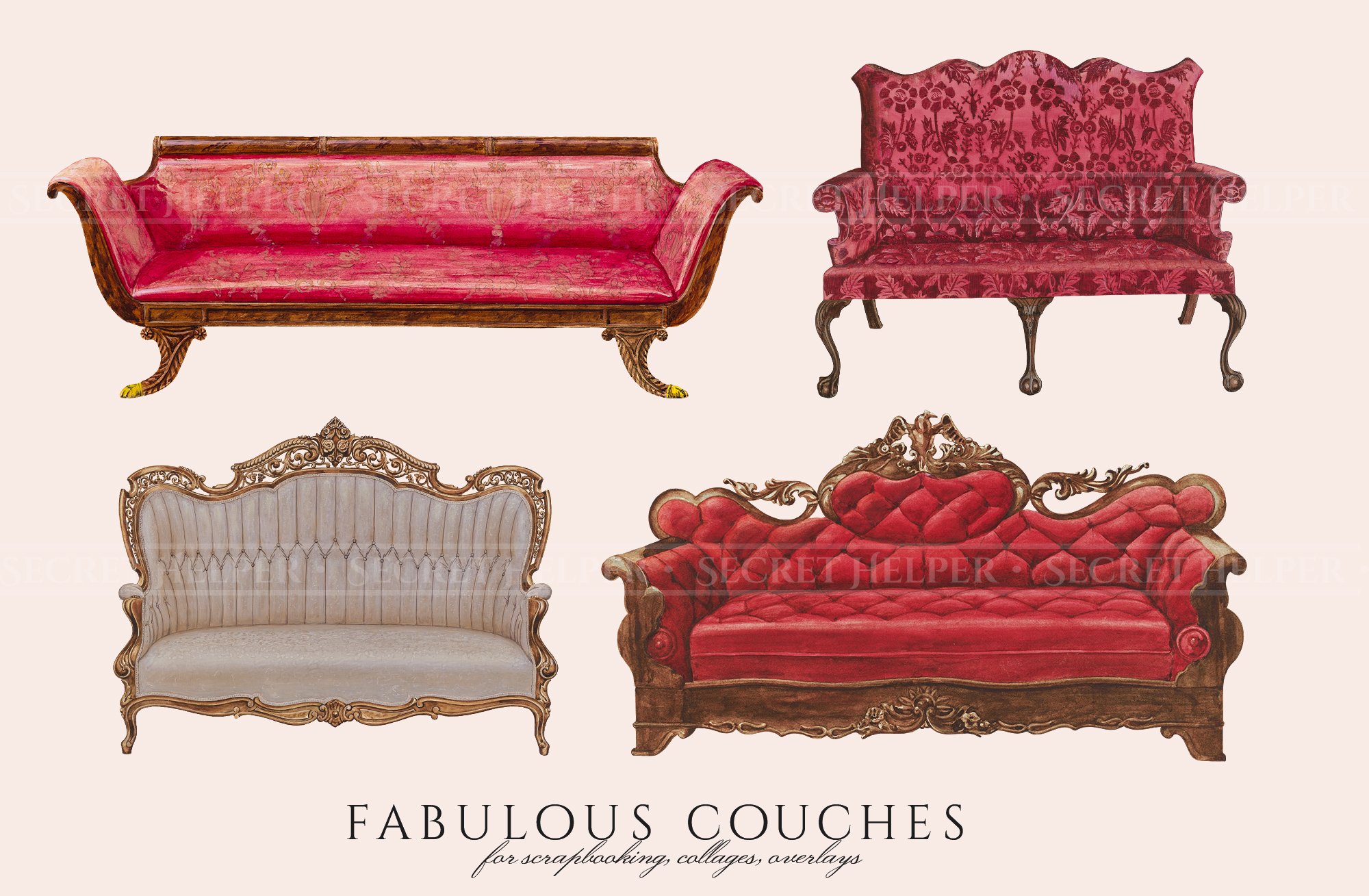 Vintage Couch & Sofa Clipart preview image.