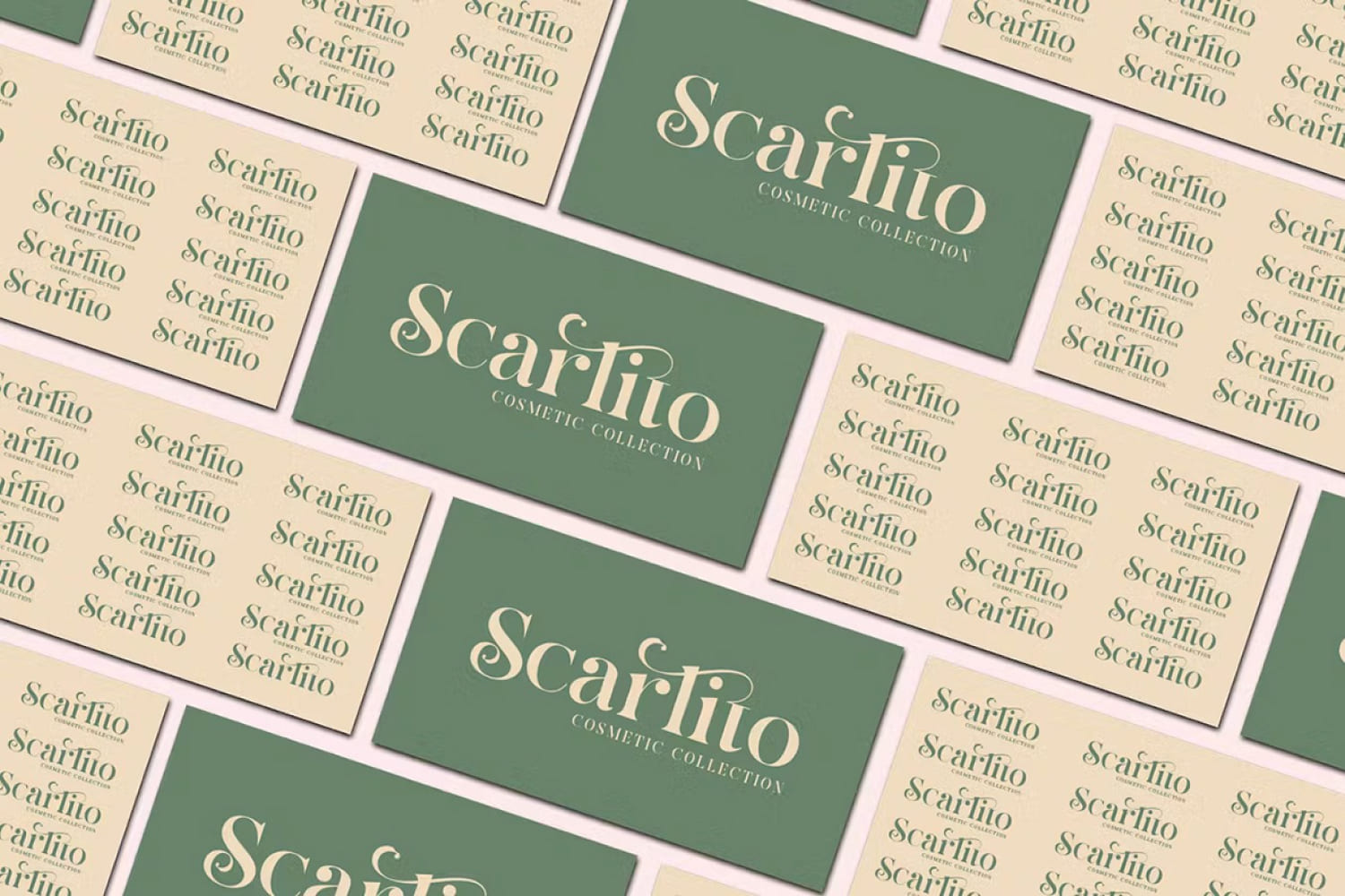 Collage of business cards with green and beige background.