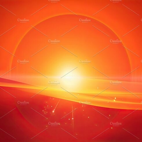 Hot sunset with a red sun on the background in the summer. Generative AI cover image.