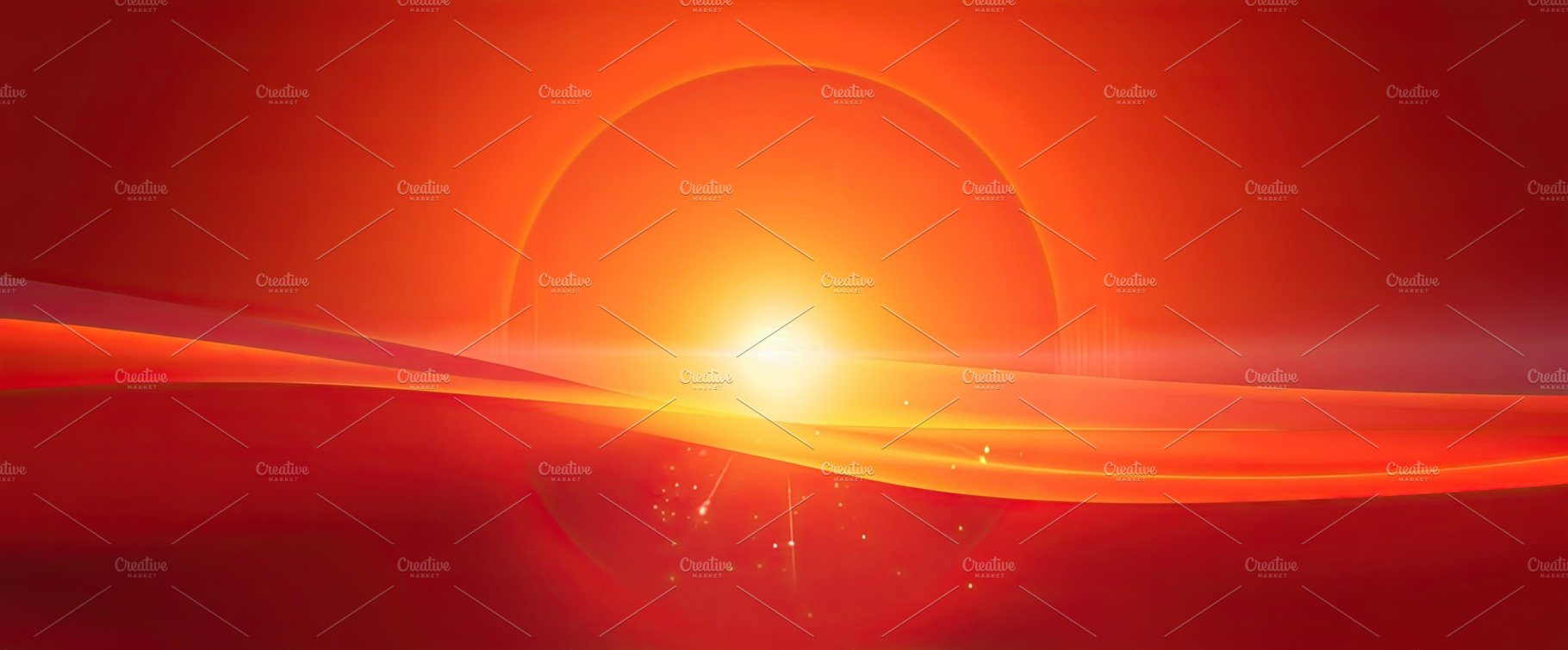 Hot sunset with a red sun on the background in the summer. Generative AI cover image.