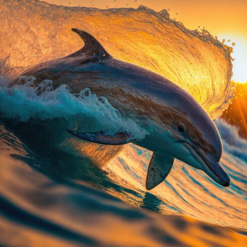 Beautiful portrait of a dolphin jumping from water at the sunset cover image.