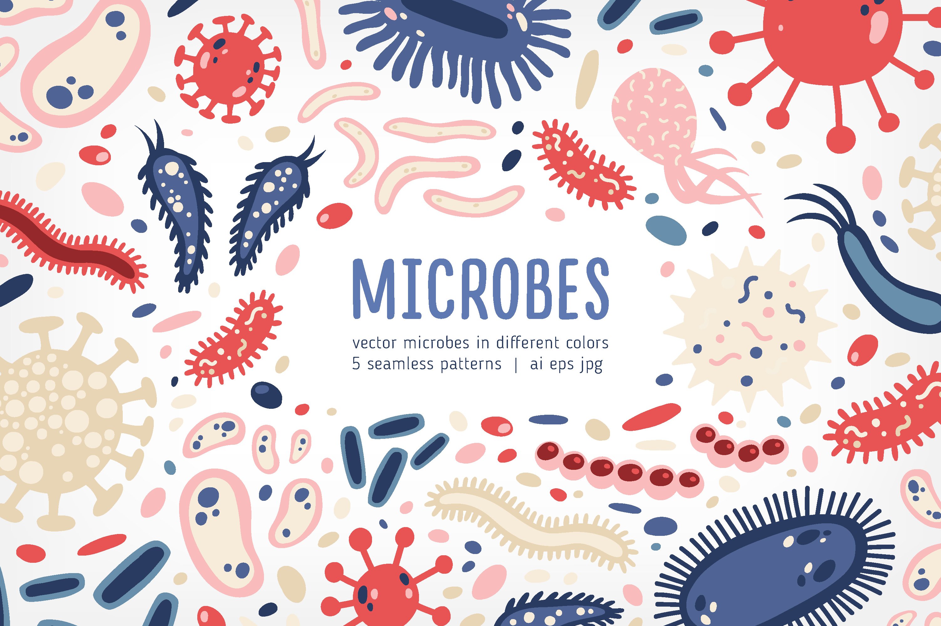 Microbes set and seamless cover image.