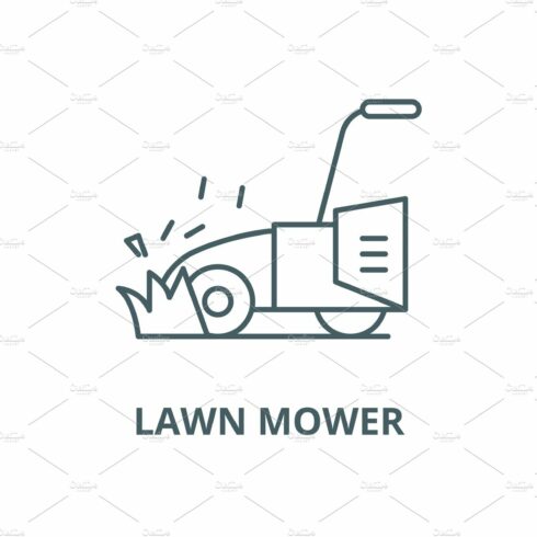 Lawn mower vector line icon, linear cover image.