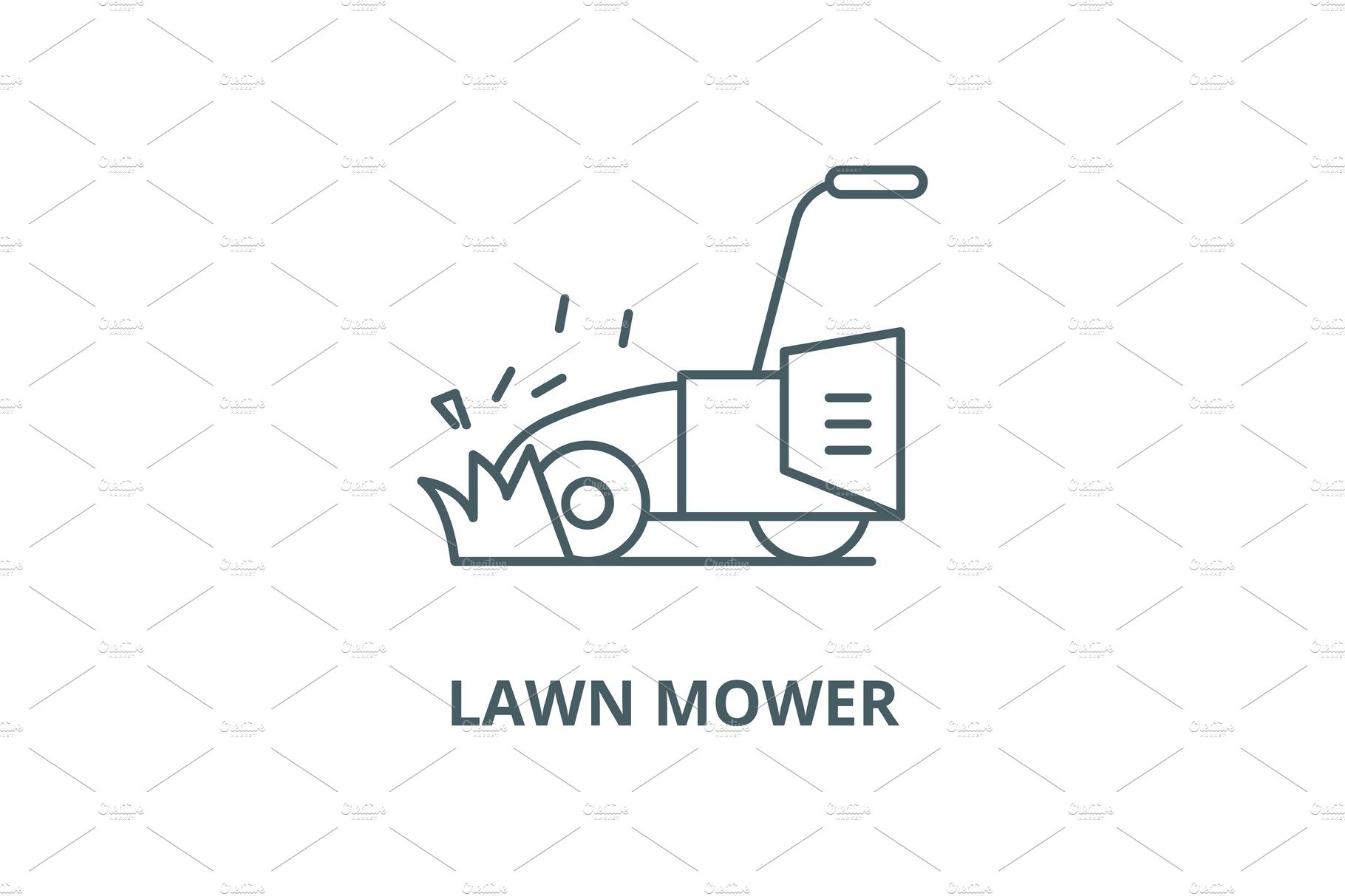 Lawn mower vector line icon, linear cover image.