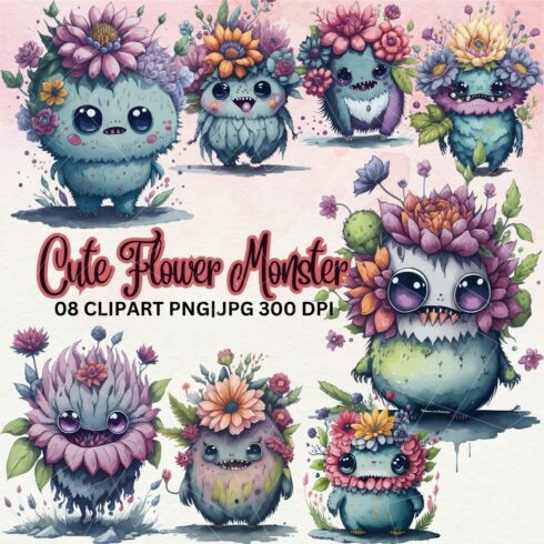 Watercolor Flower Monster Clipart cover image.