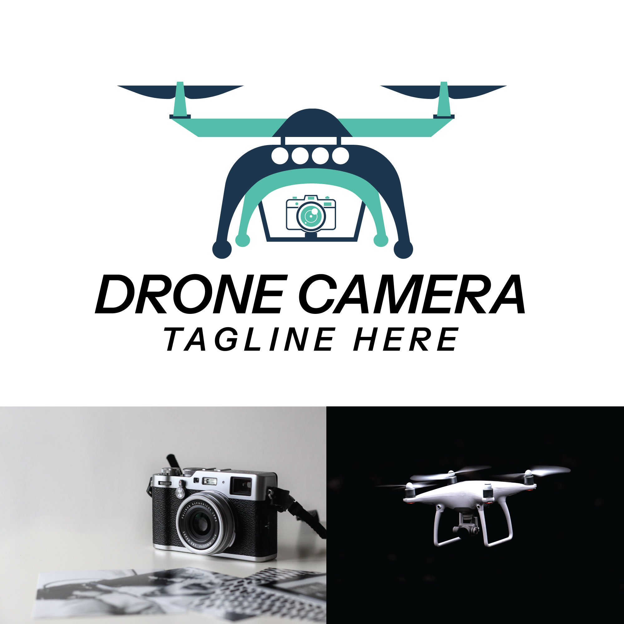 Drone with camera vector logo design template preview image.