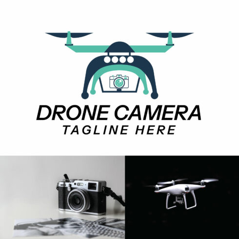 Drone with camera vector logo design template cover image.