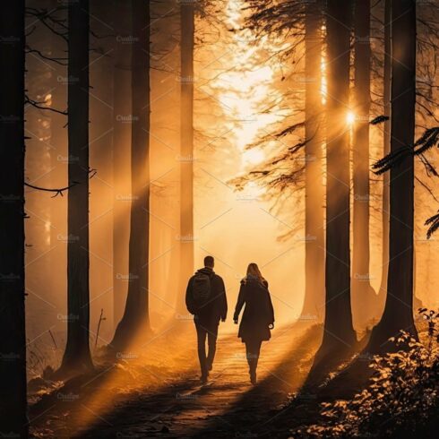 Hiking concept. Couple going walk among the forest in sunny rays, back view... cover image.