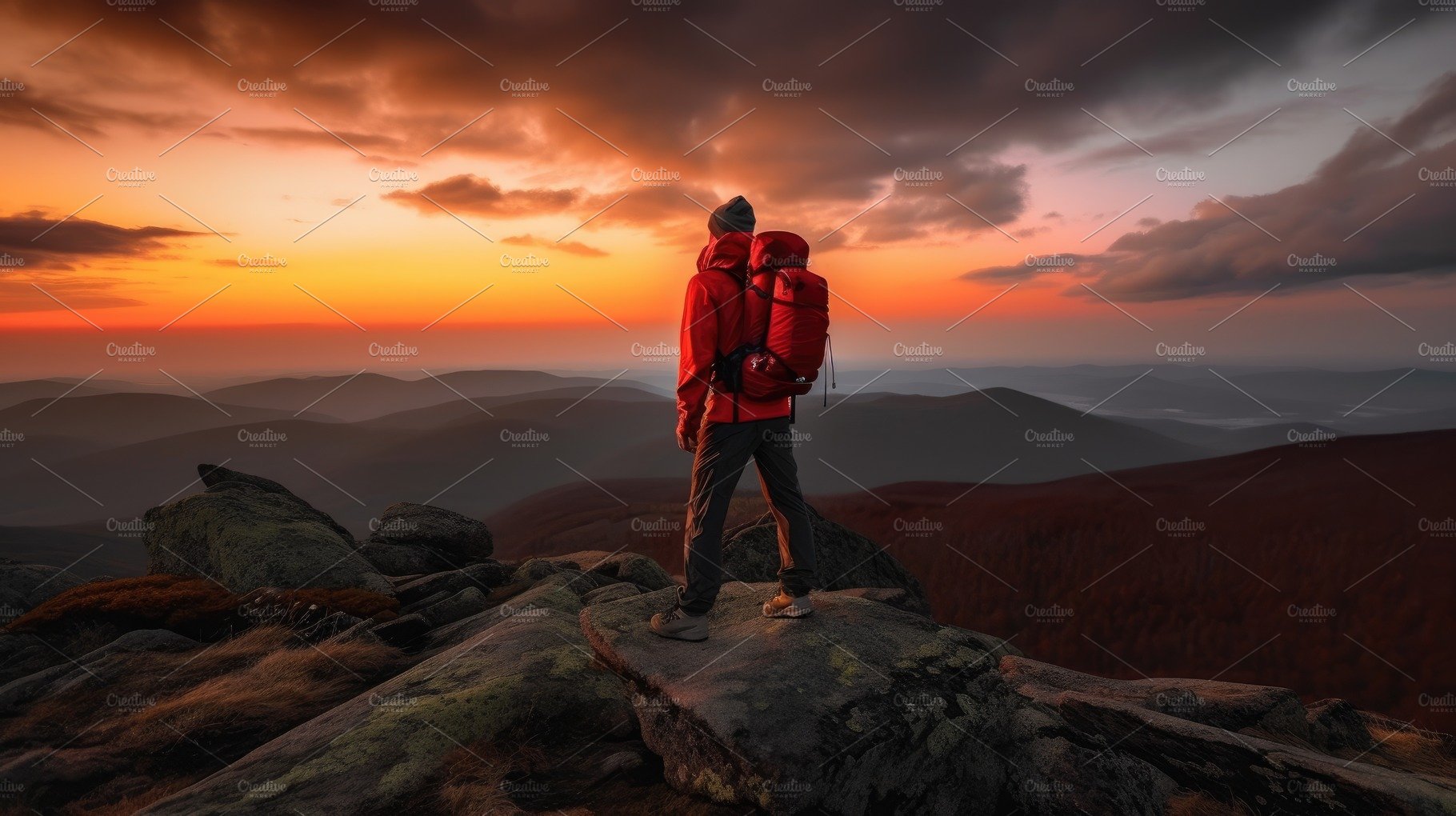 The man atop the red mountain gazed at the setting sun and orang cover image.