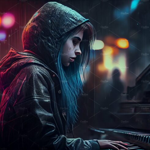 Girl playing on an old piano in street at night. Joyful Street musician girl. cover image.