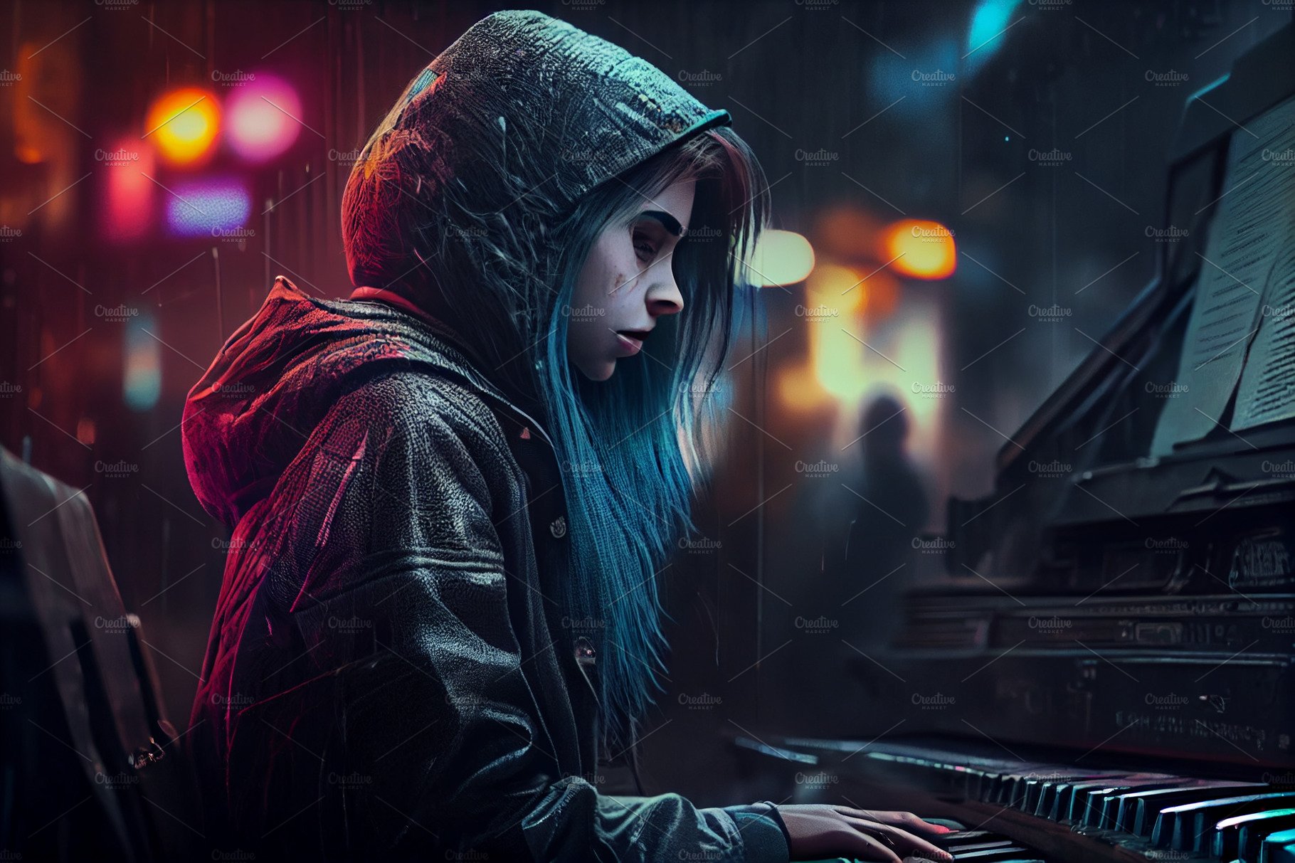 Girl playing on an old piano in street at night. Joyful Street musician girl. cover image.