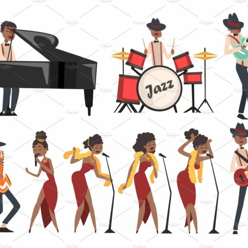 Flat vector set of jazz artists characters isolated on white. Black man pla... cover image.