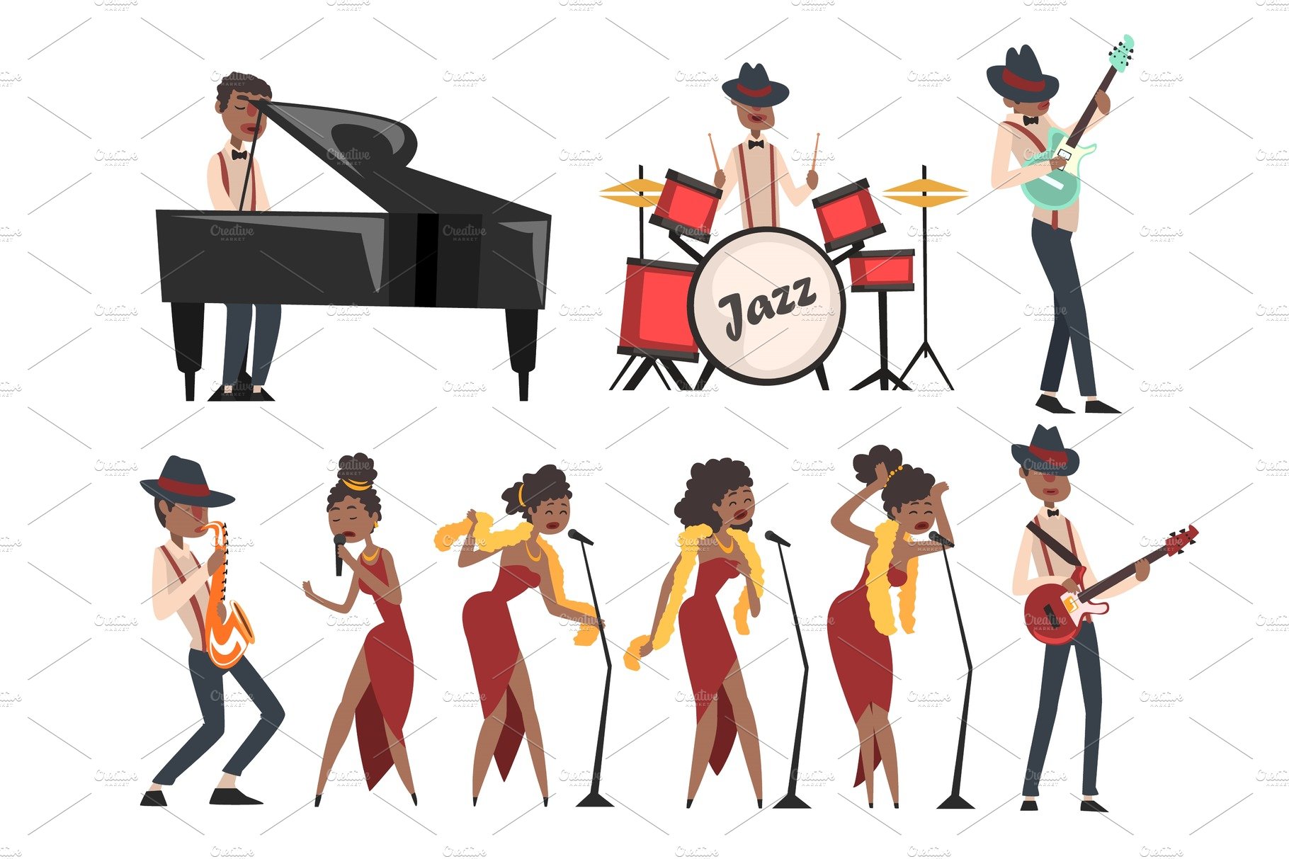 Flat vector set of jazz artists characters isolated on white. Black man pla... cover image.