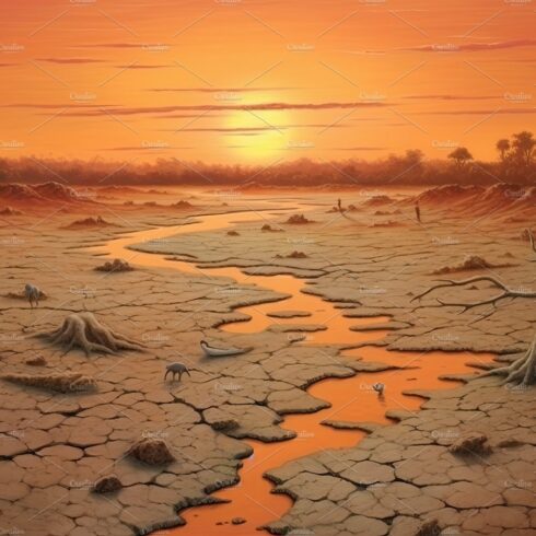 Dry land at sunset, representing drought and lack of water, climate change ... cover image.