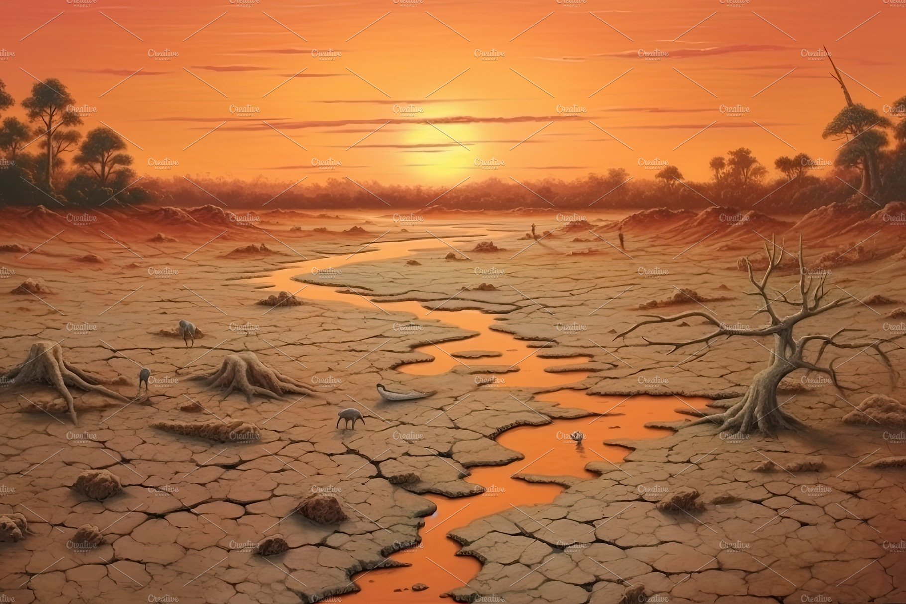 Dry land at sunset, representing drought and lack of water, climate change ... cover image.