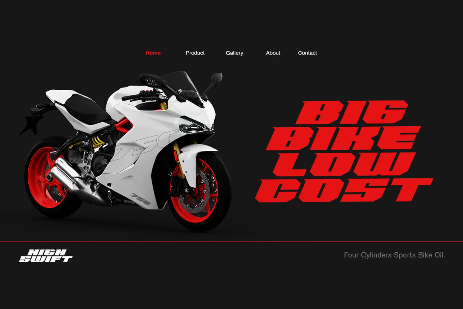 Red text and white sport bike on black background.
