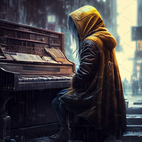 Girl playing on an old piano in street at night. Joyful Street musician girl. cover image.