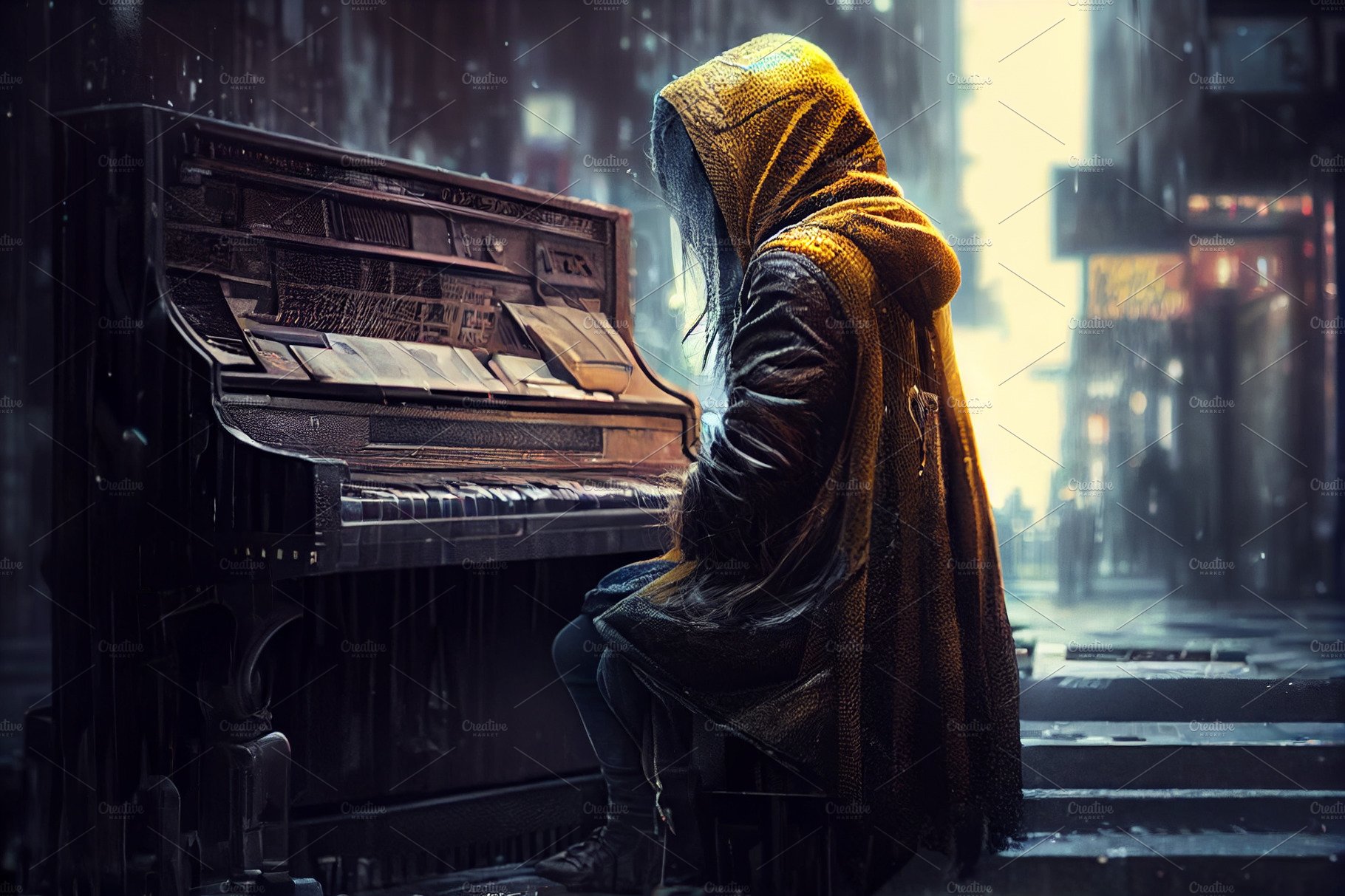 Girl playing on an old piano in street at night. Joyful Street musician girl. cover image.