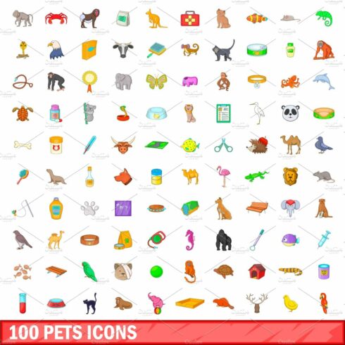 100 pets icons set, cartoon style cover image.