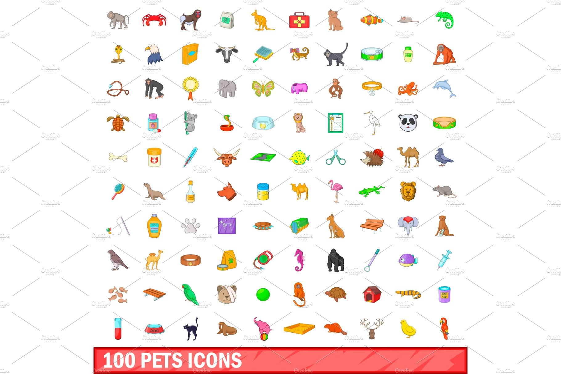 100 pets icons set, cartoon style cover image.