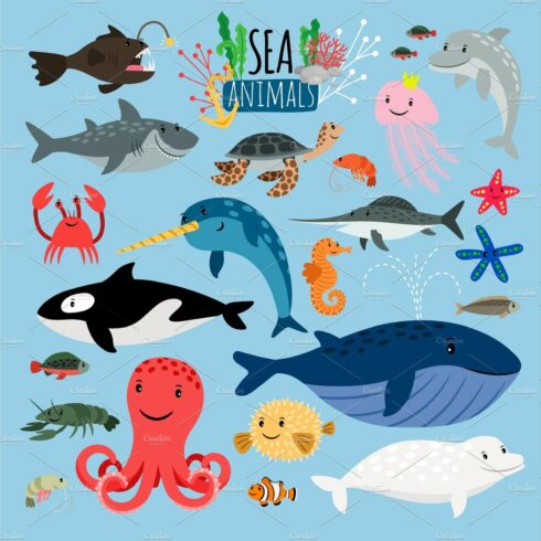 Sea Animals. Vector underwater animal creatures and fish in sea, swordfish ... cover image.