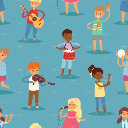 Music kids vector cartoon characters set of children singing or playing mus... cover image.