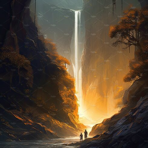 Beautiful vertical landscape with tall mountains, waterfall and a river. Ge... cover image.