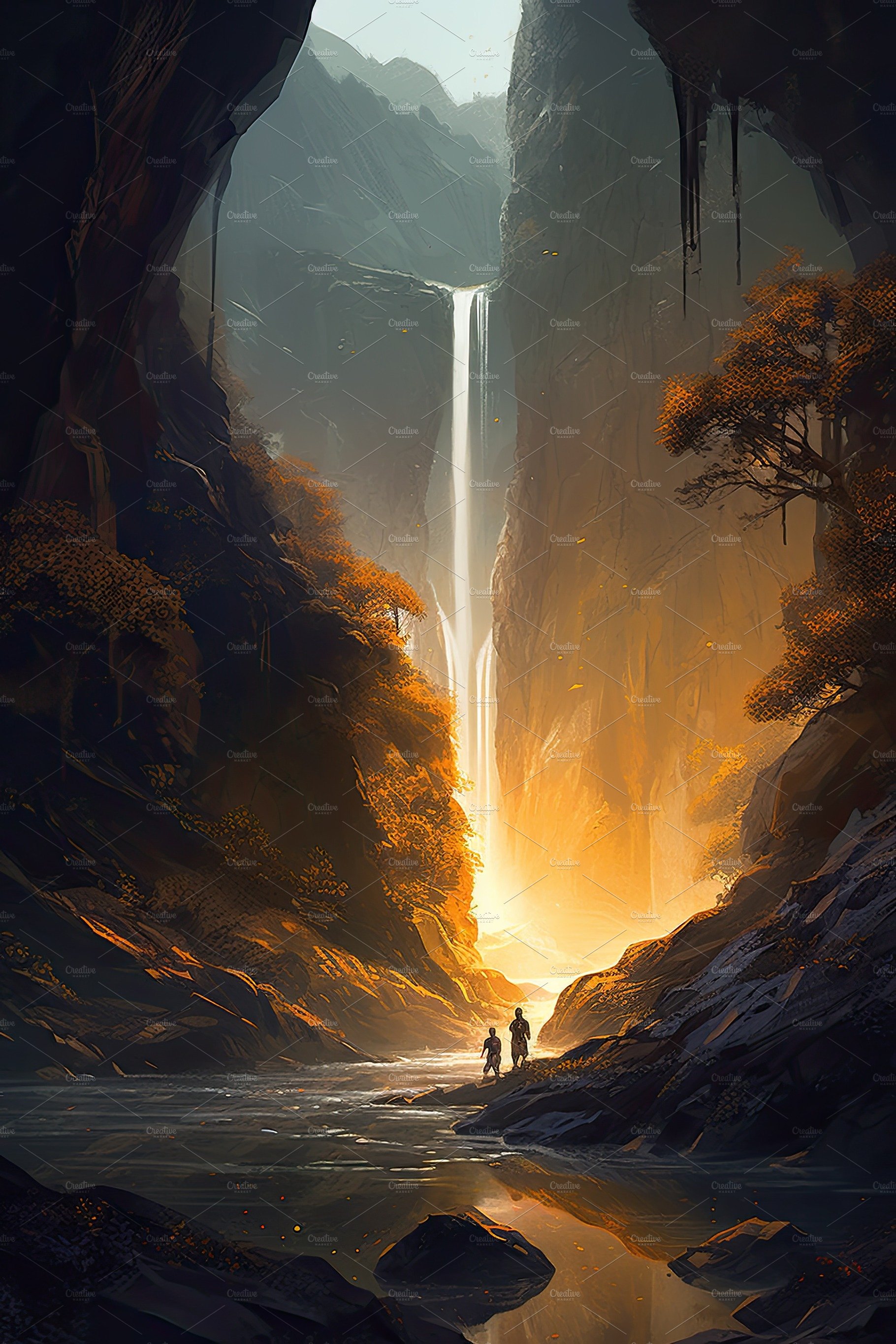 Beautiful vertical landscape with tall mountains, waterfall and a river. Ge... cover image.