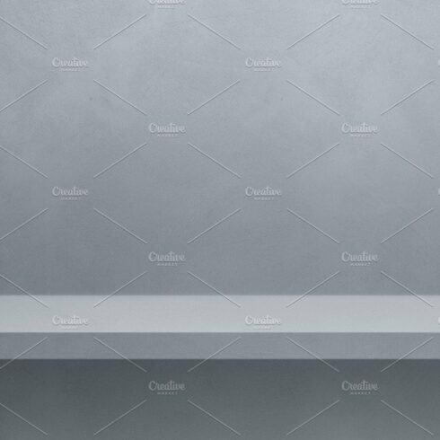 Empty shelf on a grey wall. Background template. Horizontal bann cover image.