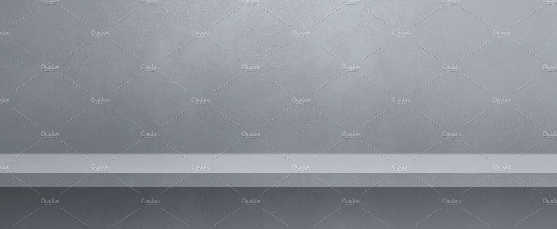 Empty shelf on a grey wall. Background template. Horizontal bann cover image.