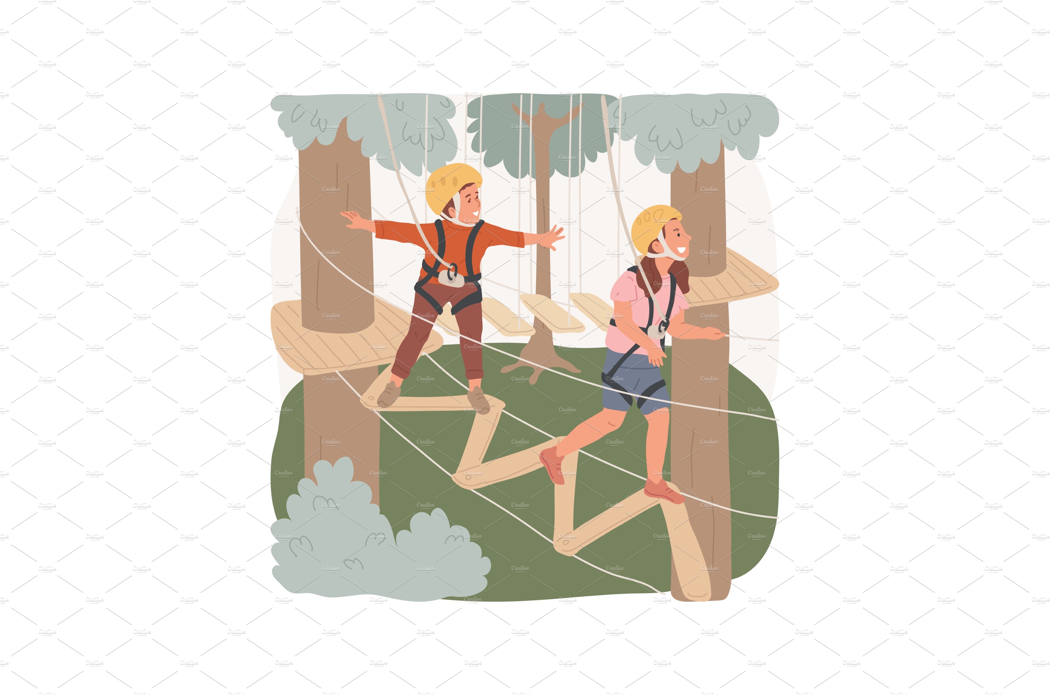 Tree ropes course isolated cartoon cover image.
