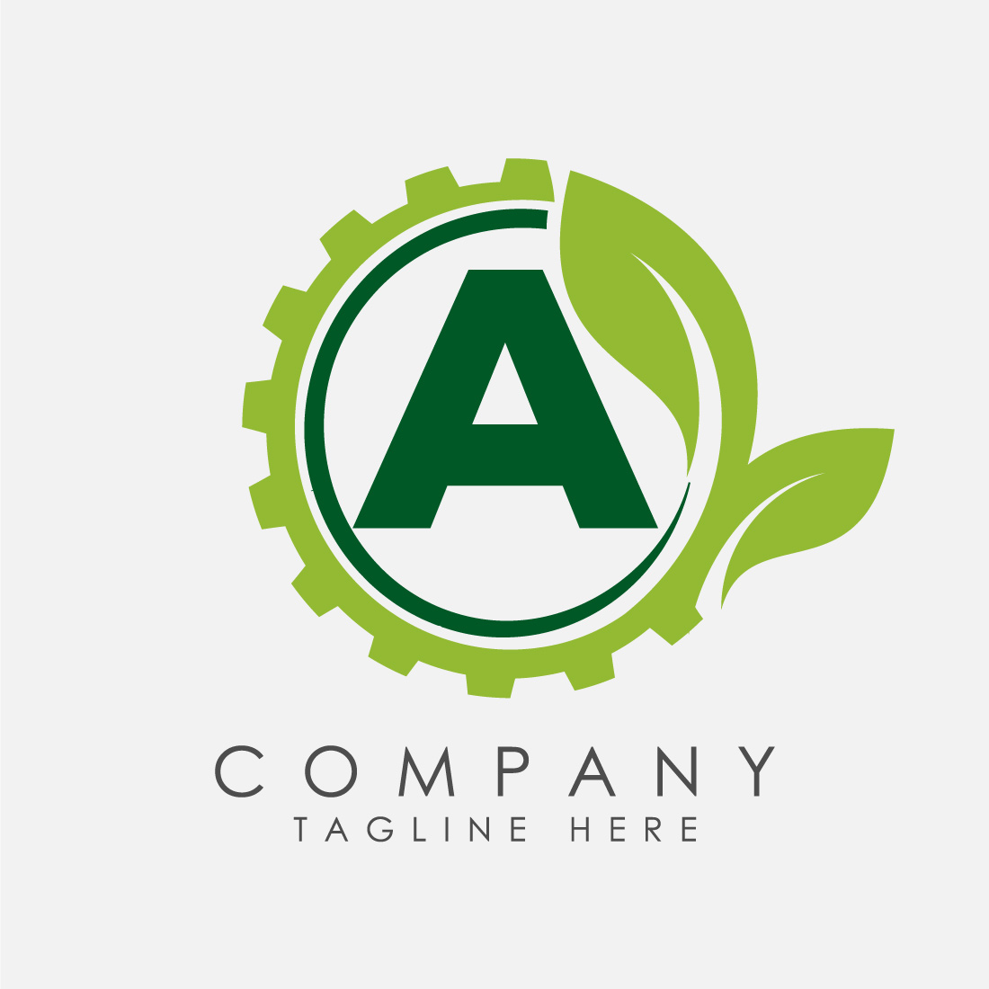 English alphabet A with gear and leaf Eco technology logo, Green eco tech logo template design vector Nature Industry cover image.