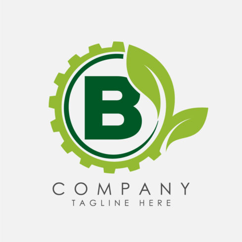 English alphabet B with gear and leaf Eco technology logo, Green eco tech logo template design vector Nature Industry cover image.