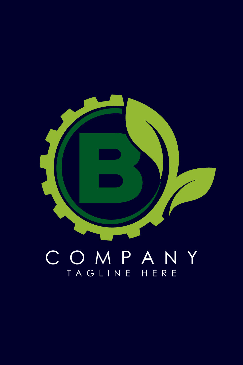 English alphabet B with gear and leaf Eco technology logo, Green eco tech logo template design vector Nature Industry pinterest preview image.