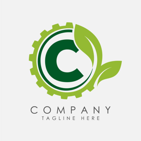 English alphabet C with gear and leaf Eco technology logo, Green eco tech logo template design vector Nature Industry cover image.